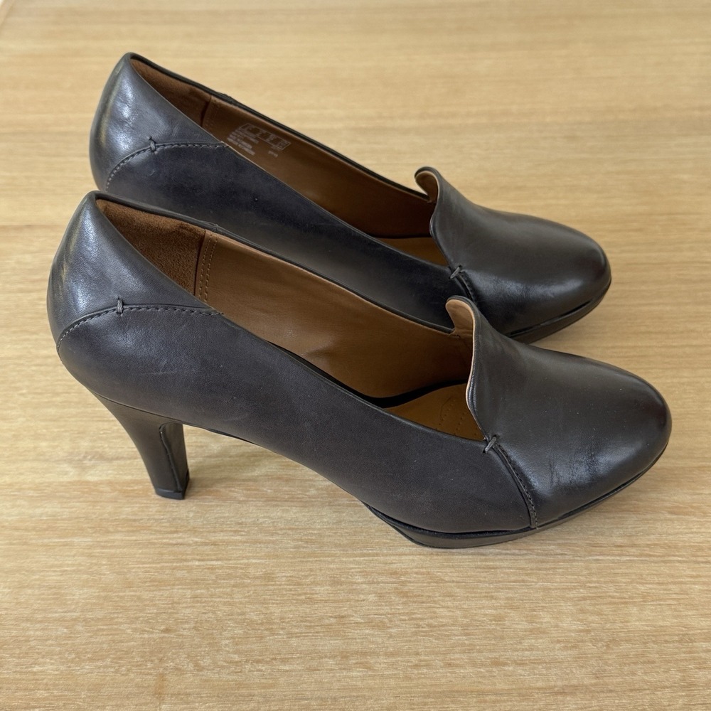 Clarks Narine Mia Dark Grey Leather Pumps Heels Size 8 Wide W EU39 Office Casual